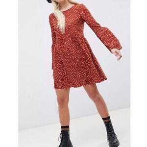 Asos Design Womens Mini Dress 16 Fluted‎ Sleeve Spot Boho Peasant Prairie Hippie